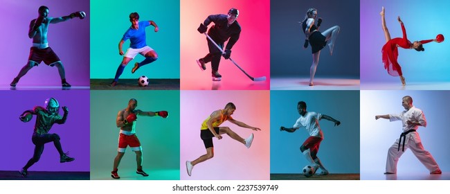 Set of portraits of young people training isolated over multicolored background in neon light. Boxer, football, hockey, MMA, rhytmic gymnast, runner, karate. Concept of sport, competition, lifestyle - Powered by Shutterstock