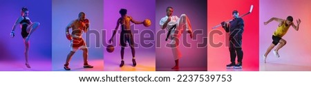 Set of portraits of young people training isolated over multicolored background in neon light. MMA fighter, boxer, basketball, hockey player, karate, runner. Concept of sport, competition, lifestyle