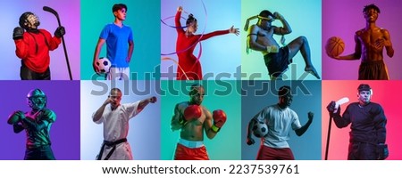 Set of portraits of young people training isolated on multicolored background in neon light. Hockey, football, basketball, gymnast, thai boxer, karate. Concept of sport, competition, healthy lifestyle