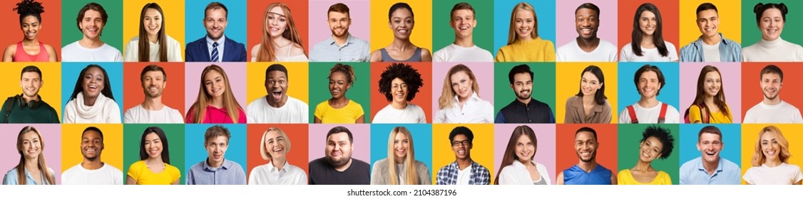 Set of positive human faces on colorful studio backgrounds, panorama, collage. Cheerful multiracial men and women of different ages showing positive emotions, collection of portraits - Shutterstock ID 2104387196
