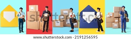 Set of postmen with big envelopes and parcels on color background
