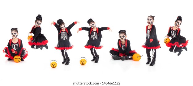 Set Of Posture Collection Kid Halloween Concept, Portrait Of Little Asian Young Girl Dress Skeleton And Witch Costume With Black Hat Isolated Background, Adorable Cute Kid Having Fun With Face Paint