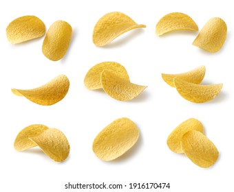 set of potato chips isolated on white background, top view