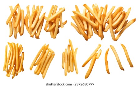 Set of potato french fries chips on white background cutout file. Flat lay top view. Many assorted different Mockup template for artwork design