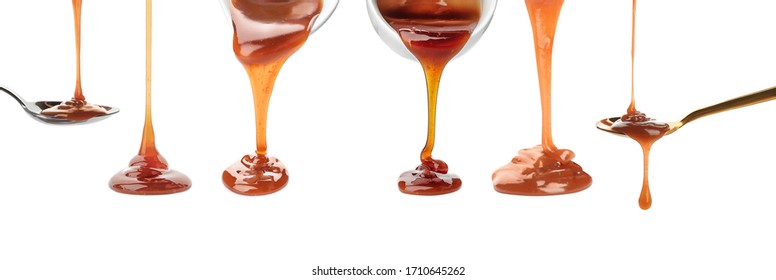 Set with pouring caramel sauce onto white background. Banner design - Powered by Shutterstock