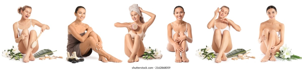 Set Of Pretty Women With Spa Items Isolated On White