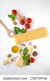 Set of products for cooking traditional italian pasta. Raw ingredients, top view, vertical - Shutterstock ID 1705739746