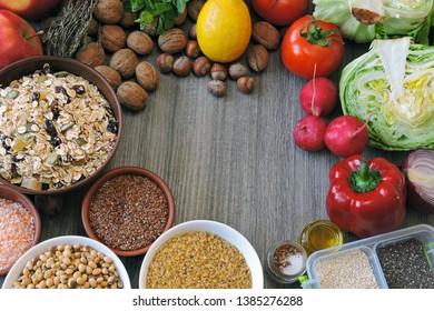 A set of products for diet or healthy nutrition. Vegetables, fruits, seeds, nuts. Keto diet Vegan diet Weight control concept.