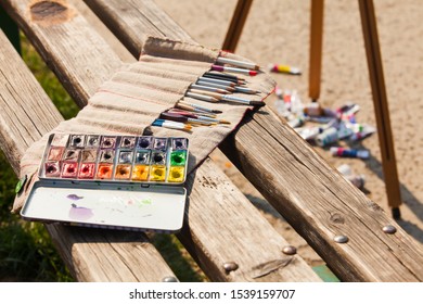 Set Of Professional Art Supplies Outside In Sunny Day