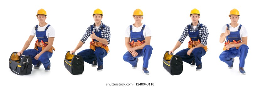 Set With Professional Electrician And Tools On White Background