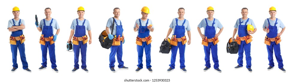 Set With Professional Electrician And Tools On White Background