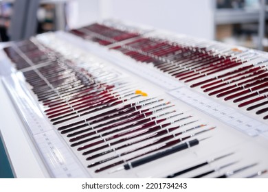 Set Of Professional Make Up Brushes On Counter Of Make Up Store. Glamour, Fashion, Cosmetic, Makeup And Beauty Concept