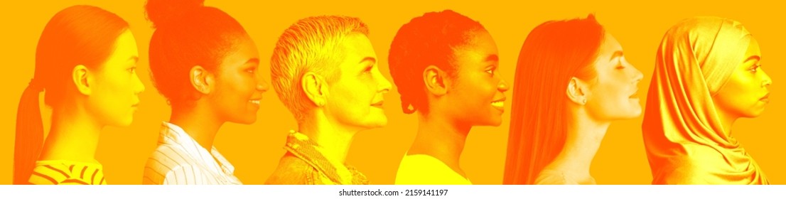 Set of profile photos of attractive multiethnic ladies different ages posing on orange studio background, collage, panorama. Femininity, international female society concept - Shutterstock ID 2159141197