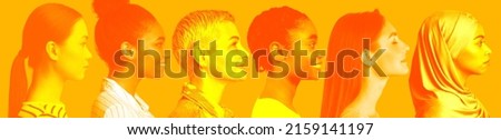 Set of profile photos of attractive multiethnic ladies different ages posing on orange studio background, collage, panorama. Femininity, international female society concept