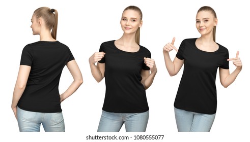 Set Promo Pose Girl In Blank Black Tshirt Mockup Design For Print And Concept Template Young Woman In T-shirt Front And Side Back View Isolated White Background With Clipping Path.