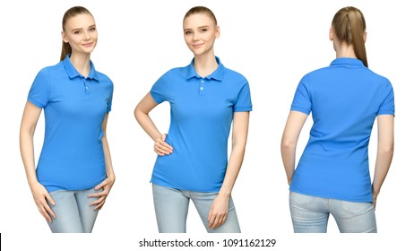 Set Promo Pose Girl In Blank Blue Polo Shirt Mockup Design For Print And Concept Template Young Woman In T-shirt Front And Side Back View Isolated White Background With Clipping Path.