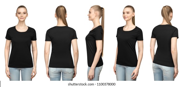 Set Promo Pose Girl In Blank Black Tshirt Mockup Design For Print And Concept Template Young Woman In T-shirt Front And Half Turn Side Back View Isolated White Background With Clipping Path.