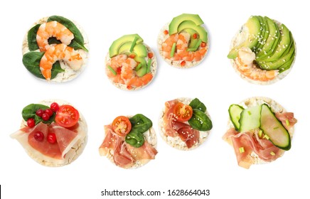 Set Of Puffed Rice Cakes With Different Ingredients On White Background, Top View