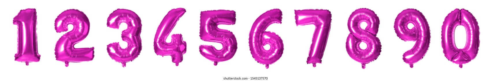 Set With Purple Foil Balloons In Shape Of Numbers On White Background