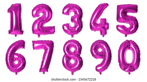 Set With Purple Foil Balloons In Shape Of Numbers On White Background