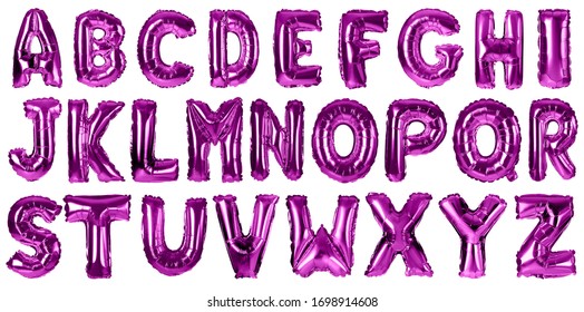 Set With Purple Foil Balloons In Shape Of Letters On White Background. Banner Design