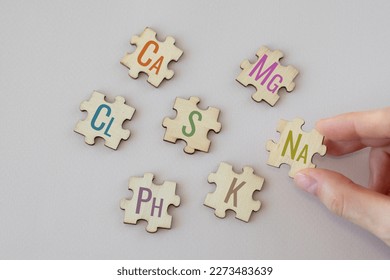 Set of puzzles with the most important macronutrients with colorful inscriptions on a beige background. Ca, Mg, Na, Cl, S, Ph, S, K. Biologically important elements.
