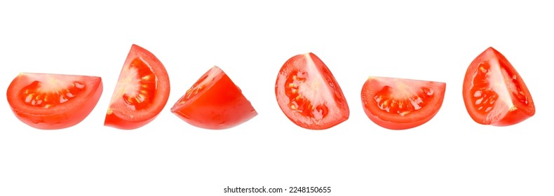 A set of quartered tomatoes from different angles. Isolated