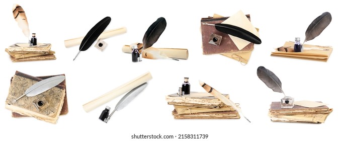 Set with quills, inks and old books on white background, banner design - Powered by Shutterstock