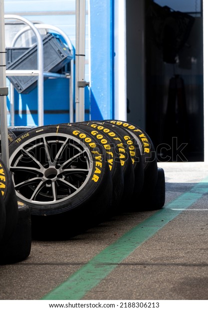 Set of\
racing tires Goodyear label motor sport car equipment. Vallelunga,\
Italy, july 23 2022, Race of\
Italy