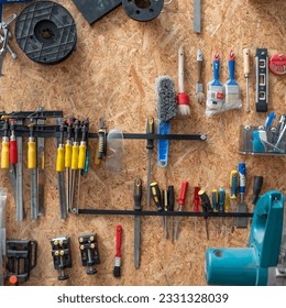 A set of random tools. Workshop. Order and organization of space and workplace.
