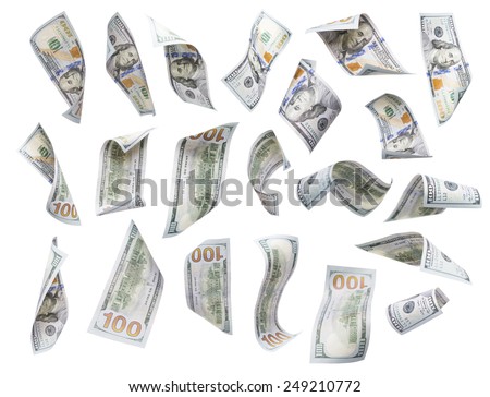 Set of Randomly Falling or Floating $100 Bills Each Isolated on White with No Overlap - Build Your Own.