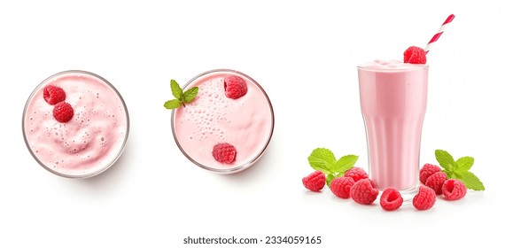 Set of raspberry milkshakes top view and side view isolated on white background. 3D illustration