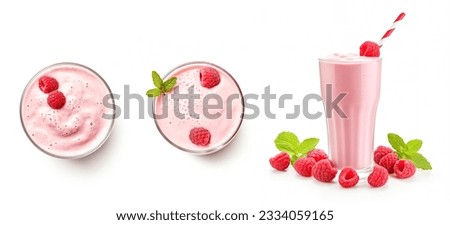 Set of raspberry milkshakes top view and side view isolated on white background. 3D illustration