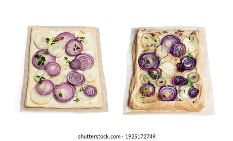 Set Of  Raw And Baked French Onion Tart Isolated On White 