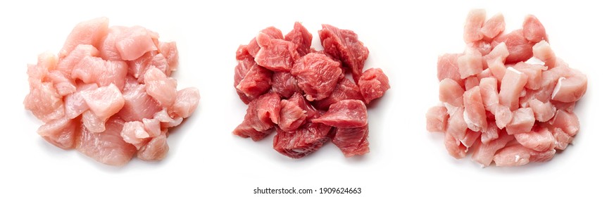 Set Of Raw Cut Chicken Fillet, Beef And Pork Meat Isolated On White Background, Top View