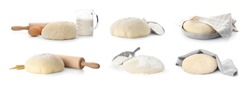 Set With Raw Dough On White Background