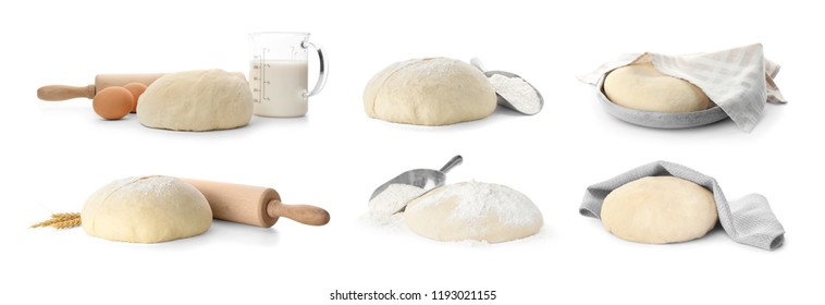 Set With Raw Dough On White Background