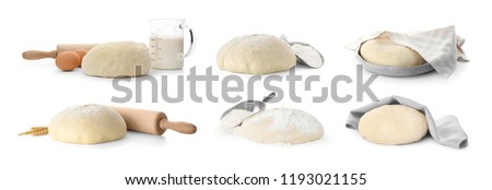 Set with raw dough on white background