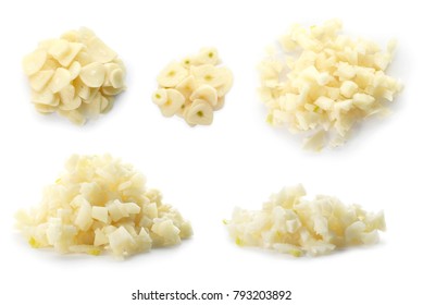 Set With Raw Fresh Chopped Garlic On White Background