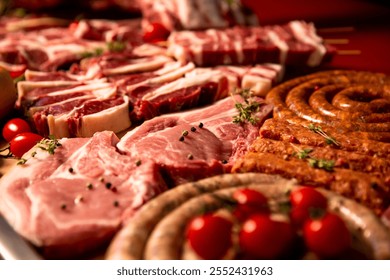 Set of raw lamb ribs steak on a wooden table in a butcher shop. Lamb ribs surrounded by different meat handmade products. - Powered by Shutterstock