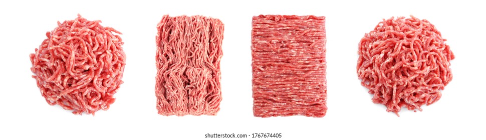 Set With Raw Minced Meat On White Background, Top View. Banner Design 