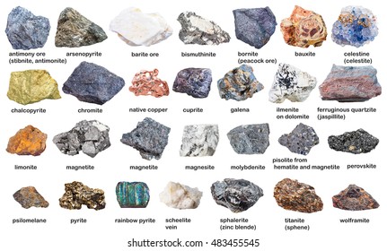 Set From Raw Minerals And Ores With Names Isolated On White Background