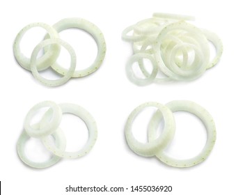 Set of raw onion rings on white background