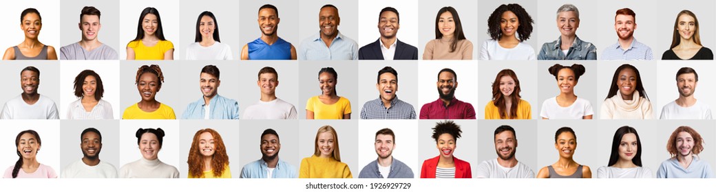 Set of real people happy faces and different diverse human portraits expressing positive emotions over white and gray studio backgrounds. Mosaic of mixed crowd of men and women. Panorama, collage