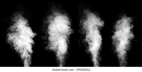 Set Of Real White Steam Isolated On Black Background With Visible Droplets.