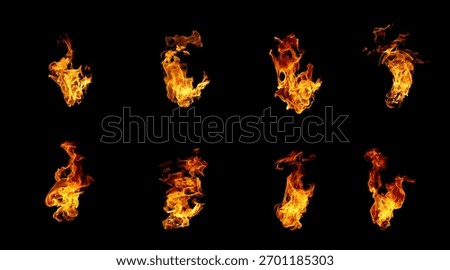 Set of realistic fire flames isolated on black background, perfect for digital art, design, or visual effects. Ideal for creating explosion scenes, heat energy concepts, or cinematic action overlays.