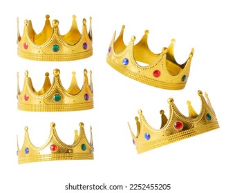 Set of Realistic Golden Crown isolated on white background with clipping path.