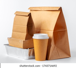 Set Of Recyclable Food Packaging On White Background