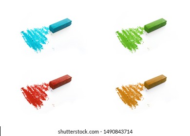 Set Of Red, Blue, Green And Brown Chalks For Drawing. Bright Color Of Dry Pastel On A White Surface. Smooth Stroke Line Drawing. Artists And Children's Art Supplies Isolated On White.