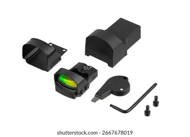 A set of red dot sight components on a white background.